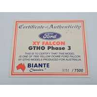 Biante 1:18 Ford XY Falcon GTHO Phase 3 Yellow Ochre Limited Edition 3251/7500