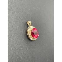 Ladies 9ct Yellow Gold Oval Gemstone & Diamond Pendant (Pre-Owned)