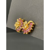 Ladies 14ct Yellow Gold Flower Design with Diamond and Purple Gemstone Stud Earrings