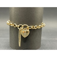 Ladies 9ct Yellow Gold Belcher Link Heart Clasp Bracelet