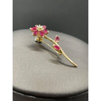 Ladies 14ct Yellow Gold Red Gemstones and Diamond Brooch