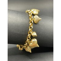 Ladies 18ct Yellow Gold Belcher Link Bubble Heart Charm Bracelet