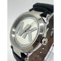 Michael Kors MK-2458 Silver Tone Logo Dial Black Leather Strap Mens Watch