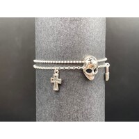 Unisex Sterling Silver Skull, Cross and Lock Charm Double Chain Bracelet (Brand New)