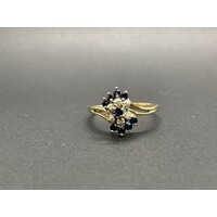 Ladies 9ct Yellow Gold Blue Gemstones and Diamonds Ring