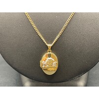 Ladies 9ct Yellow Gold Curb Link Necklace & Oval Angel Locket Pendant