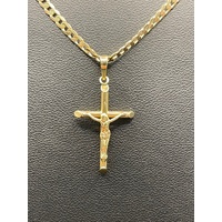 Unisex 9ct Yellow Gold Curb Link Necklace with Crucifix Pendant