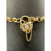 Ladies 9ct Yellow Gold Belcher Link Heart Clasp Bracelet