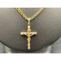 Unisex 10ct Yellow Gold Curb Link Necklace with Crucifix Pendant