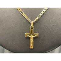 Unisex 9ct Yellow Gold Figaro Link Necklace with Crucifix Pendant