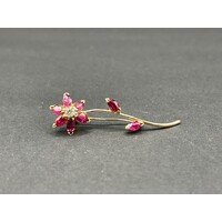 Ladies 14ct Yellow Gold Red Gemstones and Diamond Brooch