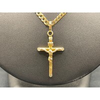 Unisex 14ct Yellow Gold Curb Link Necklace & Crucifix Pendant