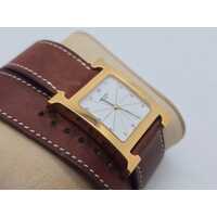 Hermes White Yellow Gold Stainless Steel Leather HH1.501 Medium Ladies Watch