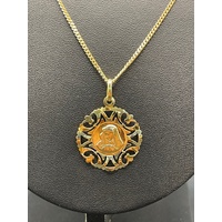 Unisex 18ct Yellow Gold Curb Link Necklace & Round Mother Mary Pendant