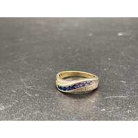 Ladies Solid 9ct Yellow Gold Blue Stones Diamond Ring Fine Jewellery Size UK P