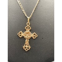 Unisex 9ct Yellow Gold Figaro Link Necklace & Crucifix Pendant (Pre-Owned)