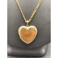 Ladies 9ct Yellow Figaro Link Necklace & Heart Locket Pendant (Pre-Owned)