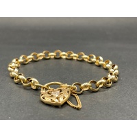 Ladies 9ct Yellow Gold Belcher Link Heart Clasp Bracelet