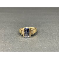 Ladies 9ct Yellow Gold Blue Gemstone and Diamond Chip Ring