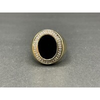 Men's 9ct Yellow Gold Black Gemstone and Diamond Ring