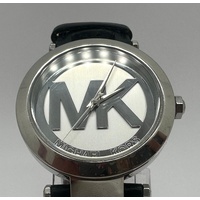 Michael Kors MK-2458 Silver Tone Logo Dial Black Leather Strap Mens Watch