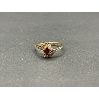 Ladies 9ct Yellow Gold Red Gemstone and CZ Ring