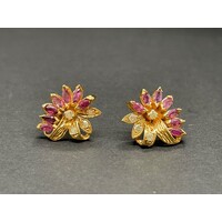 Ladies 14ct Yellow Gold Flower Design with Diamond and Purple Gemstone Stud Earrings