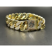 Mens 9ct Yellow Gold Diamond Cut/ Sanblast Curb Link Bracelet