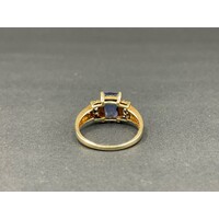 Ladies 9ct Yellow Gold Blue Gemstone and Diamond Chip Ring