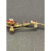 Ladies 14ct Yellow Gold Red Gemstones and Diamond Brooch