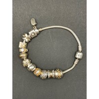 Ladies 925 Sterling Silver & 14k Yellow Gold Pandora Charm Bracelet