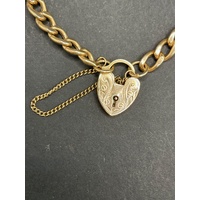 Ladies 9ct Yellow Gold Curb Link Heart Clasp Bracelet