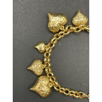 Ladies 18ct Yellow Gold Belcher Link Bubble Heart Charm Bracelet