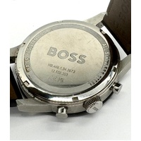 Boss Chronograph Tachymeter Black Dial Genuine Leather Strap Mens Quartz Watch