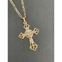 Unisex 9ct Yellow Gold Figaro Link Necklace & Crucifix Pendant (Pre-Owned)