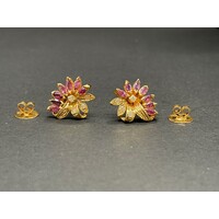 Ladies 14ct Yellow Gold Flower Design with Diamond and Purple Gemstone Stud Earrings