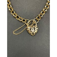 Ladies 9ct Yellow Gold Belcher Link Heart Clasp Bracelet