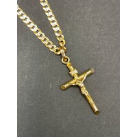 Unisex 14ct Yellow Gold Curb Link Necklace & Crucifix Pendant