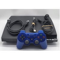 Sony PlayStation 3 PS3 Slim 160GB Black Console with Blue Controller and Leads