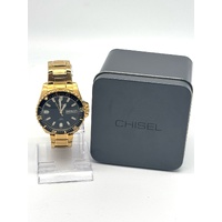 Chisel Gold-Tone Stainless Steel Black Dial 100m Quartz Mens Watch Day Date