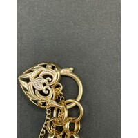 Ladies 9ct Yellow Gold Belcher Link Heart Clasp Bracelet