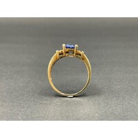 Ladies 9ct Yellow Gold Blue Gemstone and Diamond Chip Ring