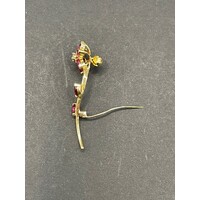 Ladies 14ct Yellow Gold Red Gemstones and Diamond Brooch