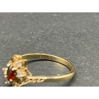 Ladies 9ct Yellow Gold Red Gemstone and CZ Ring