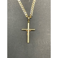 Unisex 9ct Yellow Gold Curb Link Necklace with Crucifix Pendant