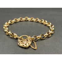 Ladies 9ct Yellow Gold Belcher Link Heart Clasp Bracelet