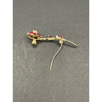 Ladies 14ct Yellow Gold Red Gemstones and Diamond Brooch