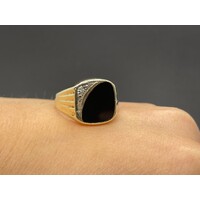 Men's 9ct Yellow Gold Black Gemstone and Diamond Ring