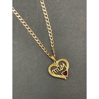 Ladies 9ct Yellow Gold Curb Link Necklace & Love Heart MUM Pendant