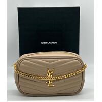 Saint Laurent Lou Mini Leather Shoulder Bag Dark Beige with Black Box